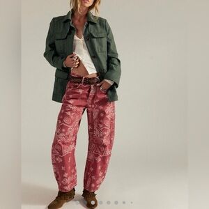 Free People We The Free Good Luck Printed Barrel Jeans in red bandana print
